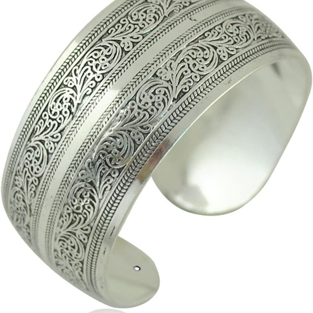 Tibeten Silver Carved Spiral Flower Connecting Branches Pattern Wide Band Open C
